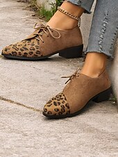 levne 30. léta-hnědé oxfordské boty z umělého semiše s leopardím vzorem - stylové šněrovací kalhoty pro ženy, ideální pro ležérní a vintage vzhled