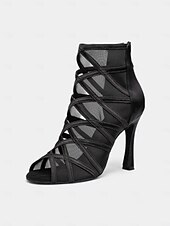 cheap Latin Shoes-Women&#039;s Black Mesh Strappy Latin Dance Shoes with Soft Suede Sole, Back Zipper and Open-Toe Design - Elegant High Heels for Salsa, Tango, and Ballroom