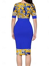 billiga Bodycon-festklänningar-Dam Arbetsklänning Skiftklänning Elegant Kontor Dagligen Midiklänning Mönster Rund hals Halvlång ärm Blommig Smal Gul Blå Vår Höst S M L XL 2XL