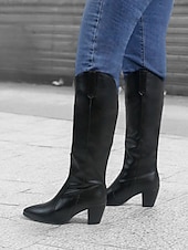levne Cowboy &amp; Western Boots-černé westernové boty z umělé kůže po kolena se špičatou špičkou a blokovými podpatky – elegantní styl kovbojky pro ženy