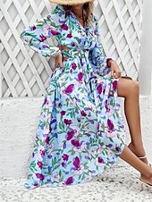 cheap Casual Floral Dresses-Women&#039;s Floral V Neck Maxi Dress Long Sleeve Summer Spring