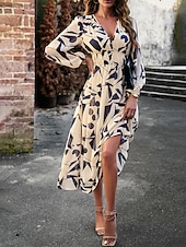 preiswerte Lässige Blumenkleider-Damen Maxidress Casual kleid Schaukelkleid A Linie Kleid Brautkleider schlicht Täglich Regular Fit Blumen Langarm V Ausschnitt Rote Blau Aprikose Sommer Frühling Herbst