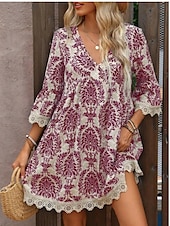 preiswerte Ausgefallene Kleider-Damen Minikleid Casual kleid Boho-Kleid Brautkleider schlicht Täglich Regular Fit Blumen 3/4 Ärmel V Ausschnitt Wein Blau Grün Sommer Frühling Herbst