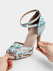 cheap Latin Shoes-Women&#039;s Gold Rhinestone-Embellished Latin Dance Shoes - Open-Toe Heels with Strappy Design for Ballroom, Salsa, and Special Occasions