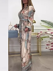 billige Elegante blomsterkjoler-kvinners floral splitt hals maxi kjole langermet sommer våren