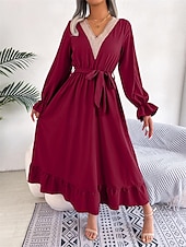 abordables Robe de cocktail-Robe casual Robe Évasée Robe Trapèze Femme Robe mi-longue Patchwork Avec ceinture Sport &amp; Loisir Plein Air Décontractées Col V manche longue Standard Noir Vin Vert S M L XL