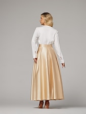 preiswerte Cocktailkleider-Zwei-Teile Cocktailkleider Elegantes Kleid Hochzeitsfeier Teelängen Langarm V-Ausschnitt Satin mit Falten Kleidern