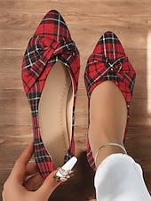 abordables Ballerines femme-ballerines à carreaux tartan rouges pour femmes – chaussures à enfiler au design noué festif pour les vacances et les tenues décontractées