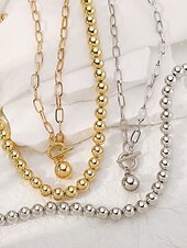 お買い得  レディースネックレス-スタイリッシュなシルバーボールビーズネックレスとブレスレット - モダンでシックな外観のトグル留め具付きのチャンキーレイヤーチェーンデザイン