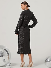 cheap Cocktail Dress-Women&#039;s Knee Length Dress Black Dress Sequin Dress Elegant Stylish Bishop Sleeve Cocktail Party Regular Fit Plain Long Sleeve V Neck Shirt Collar Black Fall Winter