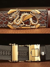 رخيصةأون أحزمة رجالية-حزام جلدي بني للرجال بتصميم تنين منقوش وإبزيم ذهبي - طراز عتيق، مثالي للارتداء الرسمي وغير الرسمي