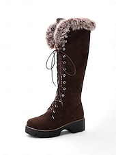 baratos Botas de neve e inverno-botas femininas de camurça sintética com cadarço até o joelho e punhos de pele sintética – calçados de inverno estilosos com sola grossa