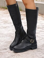 baratos Botas da moda-botas femininas marrons de cano alto com zíper lateral e fivela, salto baixo e design durável – perfeitas para uso casual e ao ar livre