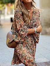 economico Abiti boho-Per donna Mini abito Abito casual Abito linea A Abito boho Vintage Etnico Informale Giornaliero Standard Floreale Manica lunga A V Marrone Estate Primavera Autunno