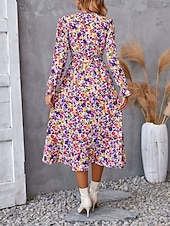 ieftine Rochii florale elegante-rochie midi dama cu decolteu in V cu maneca lunga vara primavara