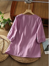 preiswerte Hemden-Damen Hemd Leinen-inspirierte Hemden Einfarbig Blumen Lässig Boho Dreiviertelarm Ellbogenärmel V Ausschnitt Normale Oberteile Urlaub Party Täglich Bestickt Gras-Grün Purpur Herbst Frühling &amp; Sommer