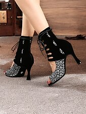 tanie Buty do tańców latynoskich-damskie sznurowane buty do tańca z odkrytymi palcami i wysokim obcasem – czerwony kwiatowy wzór z czarnym wycięciem do tańca latynoskiego i salsy