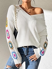 economico Motivi grafici e dettagli-Per donna Felpa Informale Morbido Floreale Uncinetto A V Lavorato a maglia Manica lunga Top regolari Maglia Esterno Giornaliero Fine settimana Nero Bianco Autunno Inverno