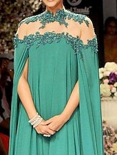 abordables VERT-Gala en A robe du soir élégante robe rouge verte invitée de mariage formelle longueur sol sans manches col haut invitée de mariage automne en chiffon avec appliques couleur uni