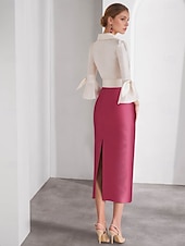 tanie Sukienki koktajlowe-Sukienki koktajlowe typu sheath  kolumnowe plażowe wesele elegancka sukienka formalna Walentynki tea length półrękaw kołnierzyk różowa sukienka satyna z kokardami