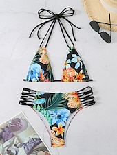 voordelige Bikinisets-Dames Zwemkleding Bikini 2 stuks Brutaal Zwempak Blote rug Uitknippen Slank Vakantie Strand Kleding Bloemig Halternek Mouwloos Badpakken