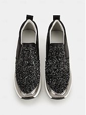 billige Sneakers til kvinner-svarte slip-on joggesko for kvinner med glitterpynt og plattformsåle – stilige fritidssko for hverdagsbruk