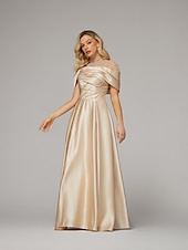 cheap CHAMPAGNE-A-Line Evening Gown Elegant Dress Formal Floor Length Short Sleeve Illusion Neck Satin with Ruched Beading