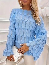 cheap Solid Colors-Women&#039;s Sweater Casual Soft Pure Color Ribbed Crew Neck Knitted Long Sleeve Regular Tops Knit Outdoor Daily Weekend Blue Fall Winter