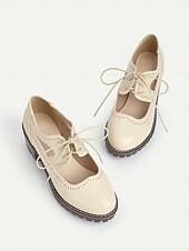 tanie Oksfordki damskie-kremowe, sznurowane, damskie buty typu oxford z wycięciami i grubą podeszwą – obuwie casualowe vintage do noszenia na co dzień