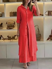 preiswerte Sets-Damen Mode Streetwear Täglich Hemd Leinen-inspirierte Sets Zweiteilige Sets Rock Langarm Hemdkragen Einfach Patchwork Lässig Täglich Rote Himmelblau Khaki Herbst Normale Passform