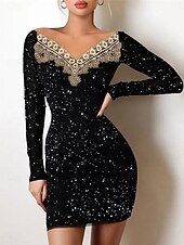 preiswerte Bodycon für den Klub-Damen schwarzes kleid Minikleid Spitze Patchwork Brautkleider schlicht Schulterfrei Langarm Schwarz Aprikose Farbe