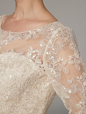 preiswerte Teelänge-Sheath Kleid Mutter der Braut Kleid Elegantes Vintage Luxuriös Juwelen-Hals Knie-Länge Satin Spitze Langarm Tee-Länge mit Applikationen
