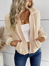 cheap Cardigans &amp; Outerwears-Women&#039;s Winter Coat Sherpa Jacket Outdoor Street Daily Wear Fall Winter Short Coat Regular Fit Thermal Warm Breathable Stylish Casual Jacket Long Sleeve Plain with Pockets Full Zip Dark Navy Army