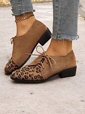 levne 30. léta-hnědé oxfordské boty z umělého semiše s leopardím vzorem - stylové šněrovací kalhoty pro ženy, ideální pro ležérní a vintage vzhled