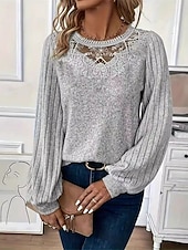 abordables Hauts en dentelle-Blouses en dentelle élégante pour femmes blouses ajourées tops réguliers unis décontractés à manches longues col rond patchwork en dentelle ajustement régulier quotidiens romantiques petits tops pour