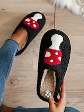 economico Ciabatte e infradito da donna-pantofole da interno nere comode da donna con ricamo a forma di fungo rosso - fodera in peluche, suola antiscivolo, perfette per il relax invernale in casa