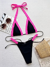 billiga Bikiniset-Dam Badkläder Bikini 2 st G-string Baddräkt Öppen rygg Smal Semester Standkläder Ensfärgat Halterneck Ärmlös Baddräkter