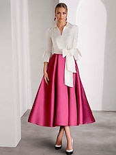 olcso Koktélruhák-A-vonalú koktélruha elegáns ruha hivatalos Valentin-nap tea hosszú 3/4-es ujjú ingnyakú rózsaszín ruha szatén masnival pillangóruhákkal