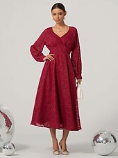 preiswerte abendkleider-Damen Spitzenkleid Midikleid Hohe Taillenlinie Elegant Vintage V Ausschnitt Langarm Wein Farbe
