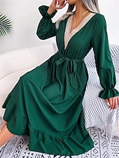 abordables Robe de cocktail-Robe casual Robe Évasée Robe Trapèze Femme Robe mi-longue Patchwork Avec ceinture Sport &amp; Loisir Plein Air Décontractées Col V manche longue Standard Noir Vin Vert S M L XL