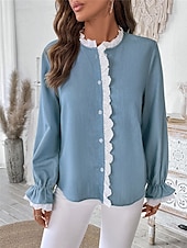 preiswerte Elegante Oberteile-Damen Hemd Bluse Feste Farbe Basic Brautkleider schlicht Langarm V Ausschnitt Normale Oberteile Täglich Spitze Patchwork Knopf Blau Herbst Winter