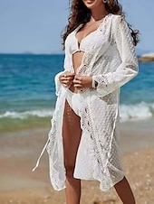 baratos Vestidos de Praia-Mulheres Roupa de Banho Cobertura roupa de banho Elegante Moda Poá Manga Longa Fatos de banho