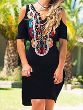 abordables Robes Bohémiennes-Femme Mini robe Robe casual robe boheme Rétro Vintage Ethnique Décontractées du quotidien Standard Floral Papillon Manche Courte Col cranté Noir Vin Bleu Eté Printemps Automne