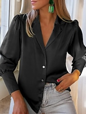 preiswerte Elegante Oberteile-Damen Hemd Bluse Feste Farbe Basic Brautkleider schlicht Langarm Hemdkragen Normale Oberteile Täglich Knopf Schwarz Blau Beige Herbst Winter
