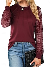abordables Hauts en dentelle-Blouses Élégantes en Dentelle Top en Dentelle à Oeillets Décontractée Couleur Unie Regular Tops Manches Longues Col en V Dentelle Patchwork Ajustement Normal Quotidien Noir Vin Romantique Petits Tops