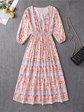 ieftine Rochii Boho-Pentru femei Rochii Midi Rochie casual Rochie leagăn Rochie A line Rochie Boho Casual Zilnic Fit regulat Floral Lungime Manșon 3/4 În V Roz Îmbujorat Albastru piscină Caisă Vară Primăvară Toamnă