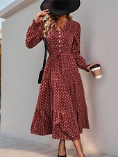 abordables Robes de travail-Femme Robe mi-longue Robe casual Robe Évasée Robe Trapèze Décontractées du quotidien Standard Floral manche longue Col V Vin Printemps Automne