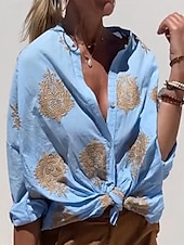 cheap Women&#039;s Vacation Tops-Women&#039;s Shirt Long Sleeve Shirt Collar White Sky Blue Green Spring &amp;  Fall