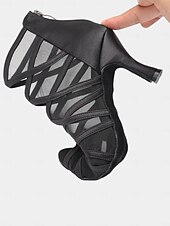 cheap Latin Shoes-Women&#039;s Black Mesh Strappy Latin Dance Shoes with Soft Suede Sole, Back Zipper and Open-Toe Design - Elegant High Heels for Salsa, Tango, and Ballroom