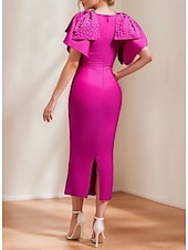 abordables Robes de cocktail-Robe Cocktail Fourreau Élégante Robe Formelle Mi-Longue Manches Courtes Col Bijou Écourtée en Crepe avec Perles Robes